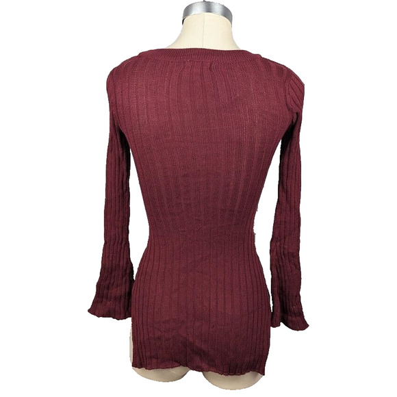 Ultra Flirt Juniors Ribbed Bell-Sleeve Sweater Size XS Cabernet Red Lace Up - Picture 3 of 4